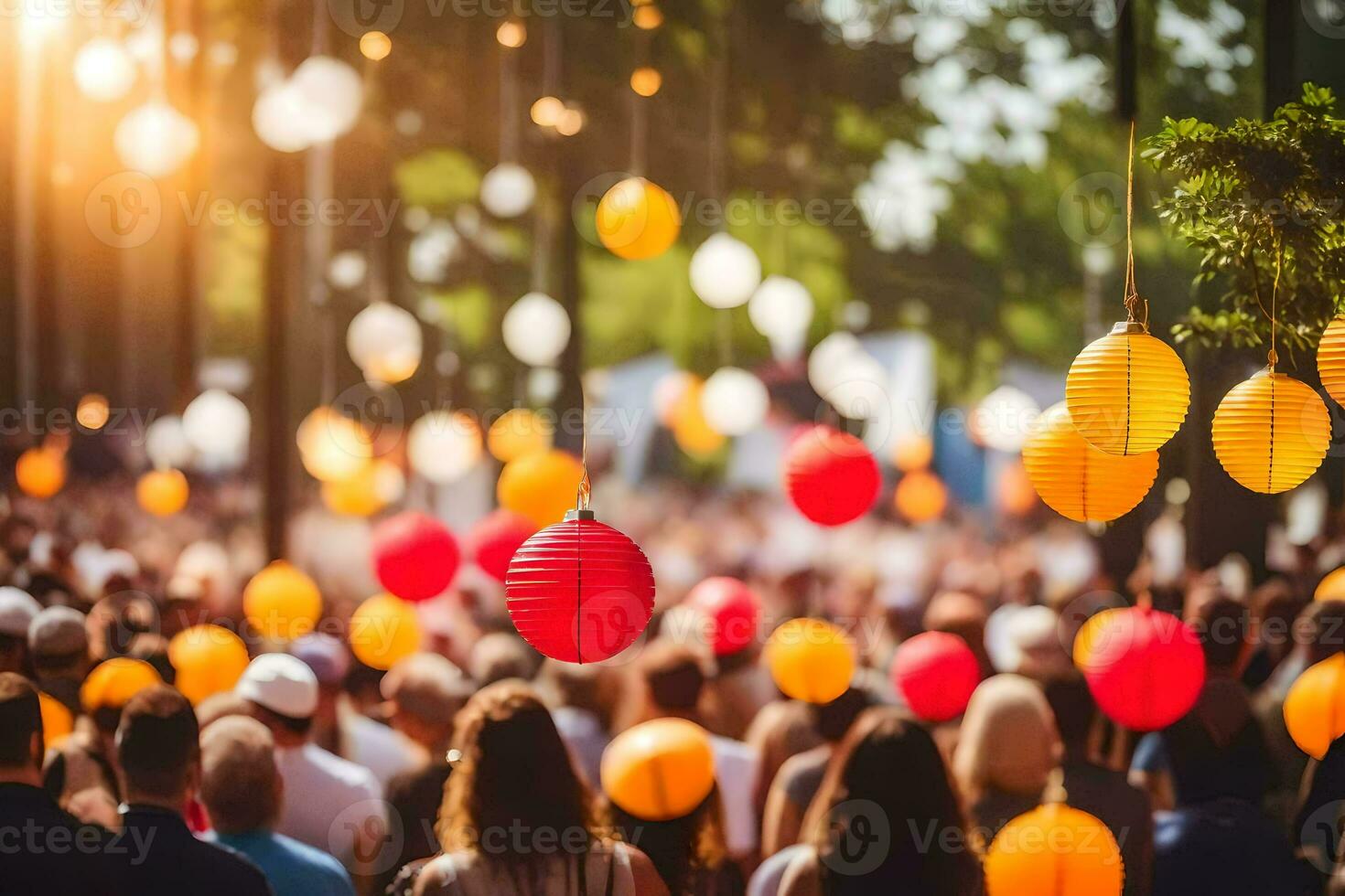 many people are standing in a crowd with paper lanterns. AI