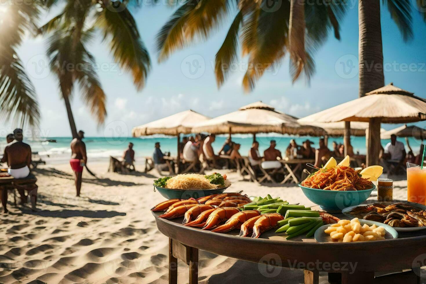 a table with food on it on the beach. AI-Generated photo