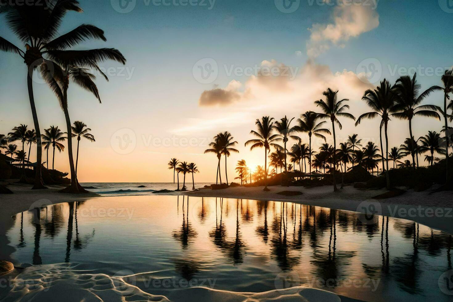 el Dom conjuntos terminado el Oceano y palma arboles en esta foto. generado por ai foto