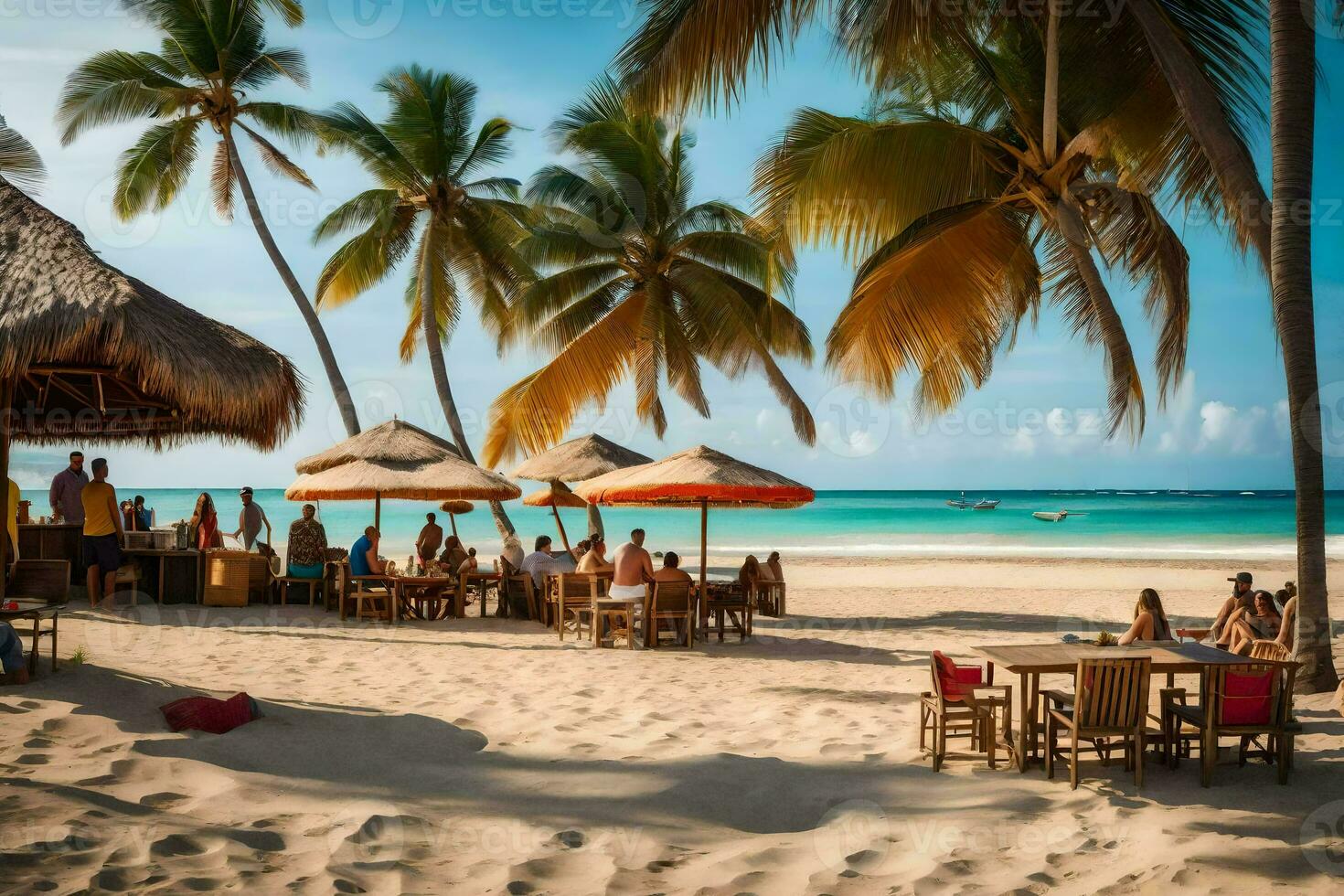 a beach with a bar and thatched huts. AI-Generated photo