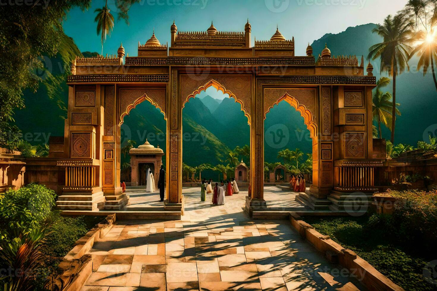 the golden gate of the temple in the mountains. AI-Generated photo