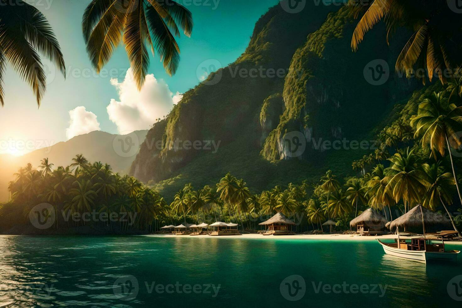 a tropical island with palm trees and a boat. AI-Generated photo