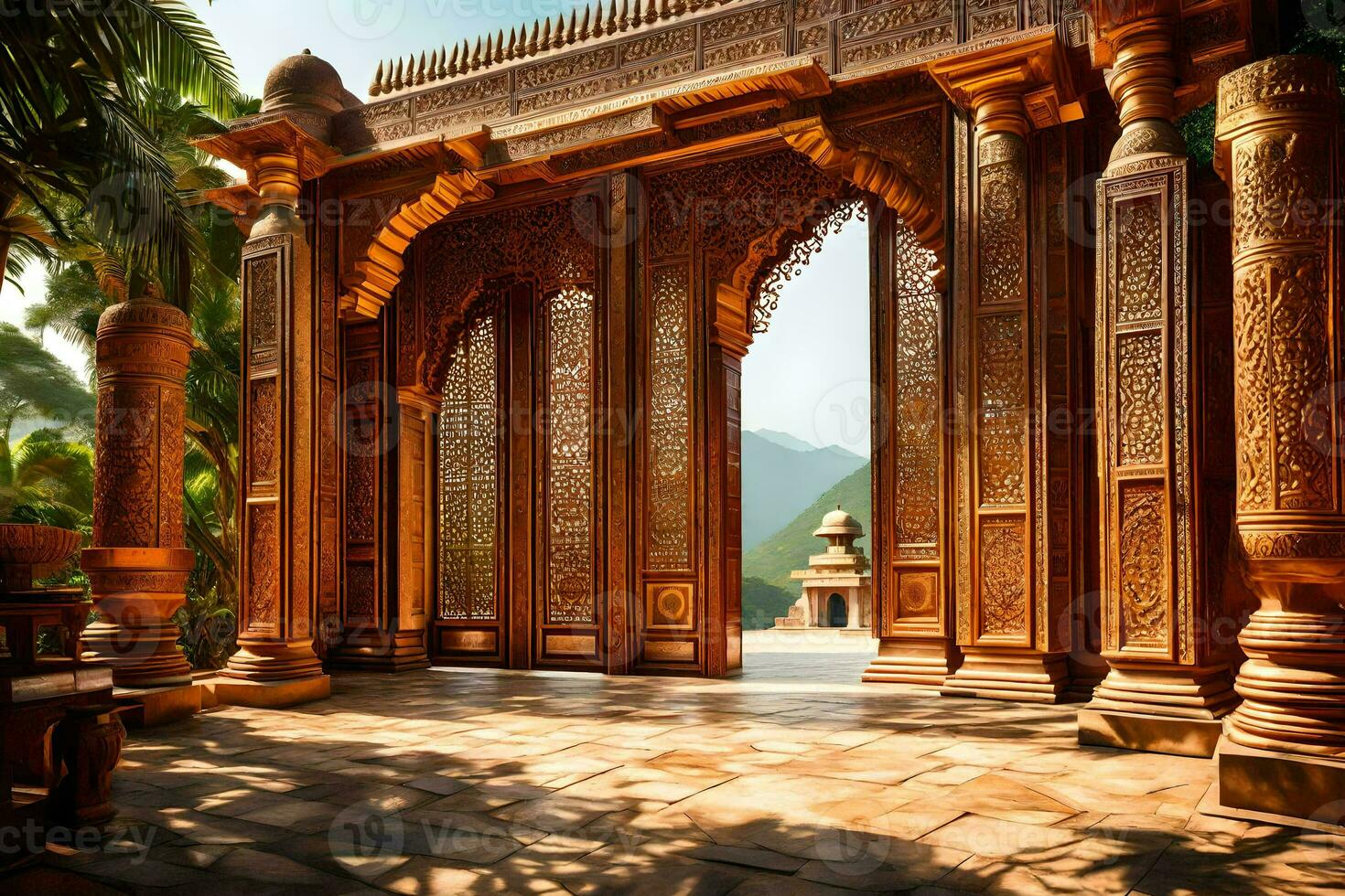 an ornate wooden door with a view of the mountains. AI-Generated photo