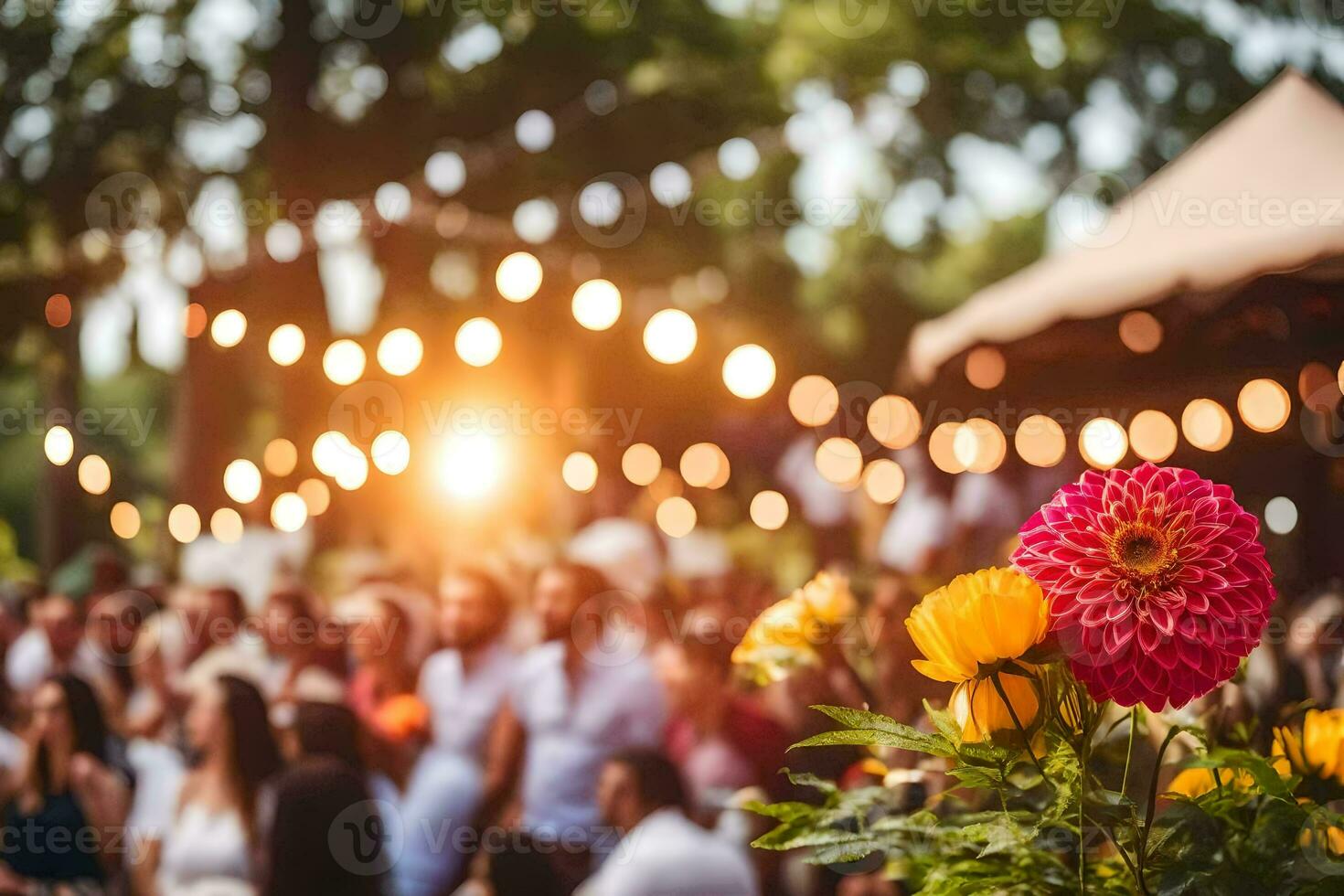 a flower is in the foreground at an outdoor event. AI-Generated photo