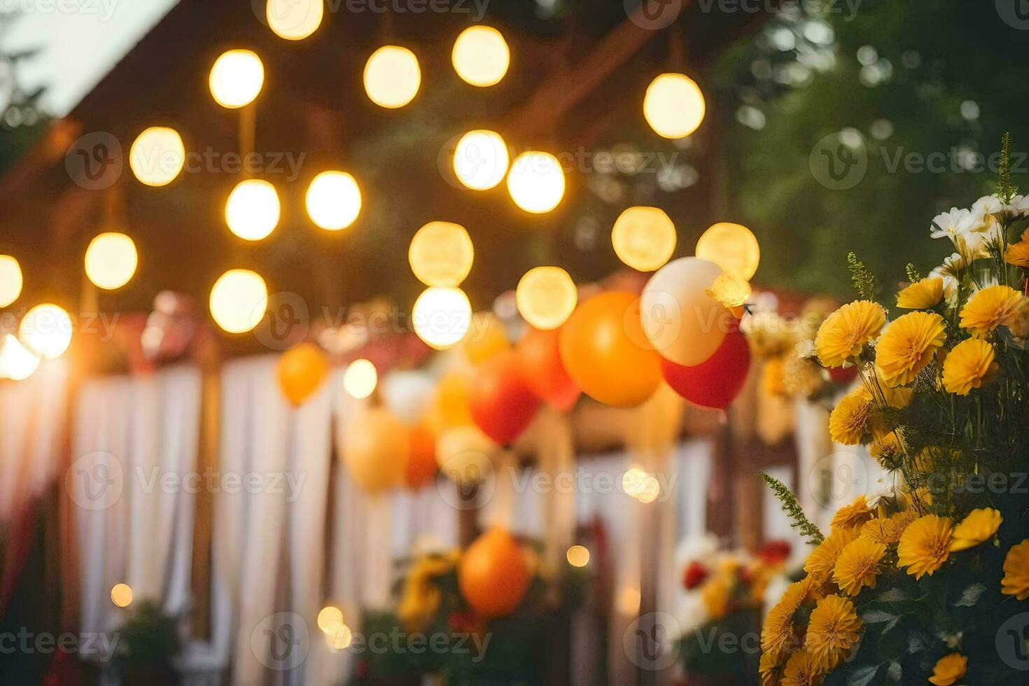 yellow and orange balloons and flowers in a garden. AI-Generated photo
