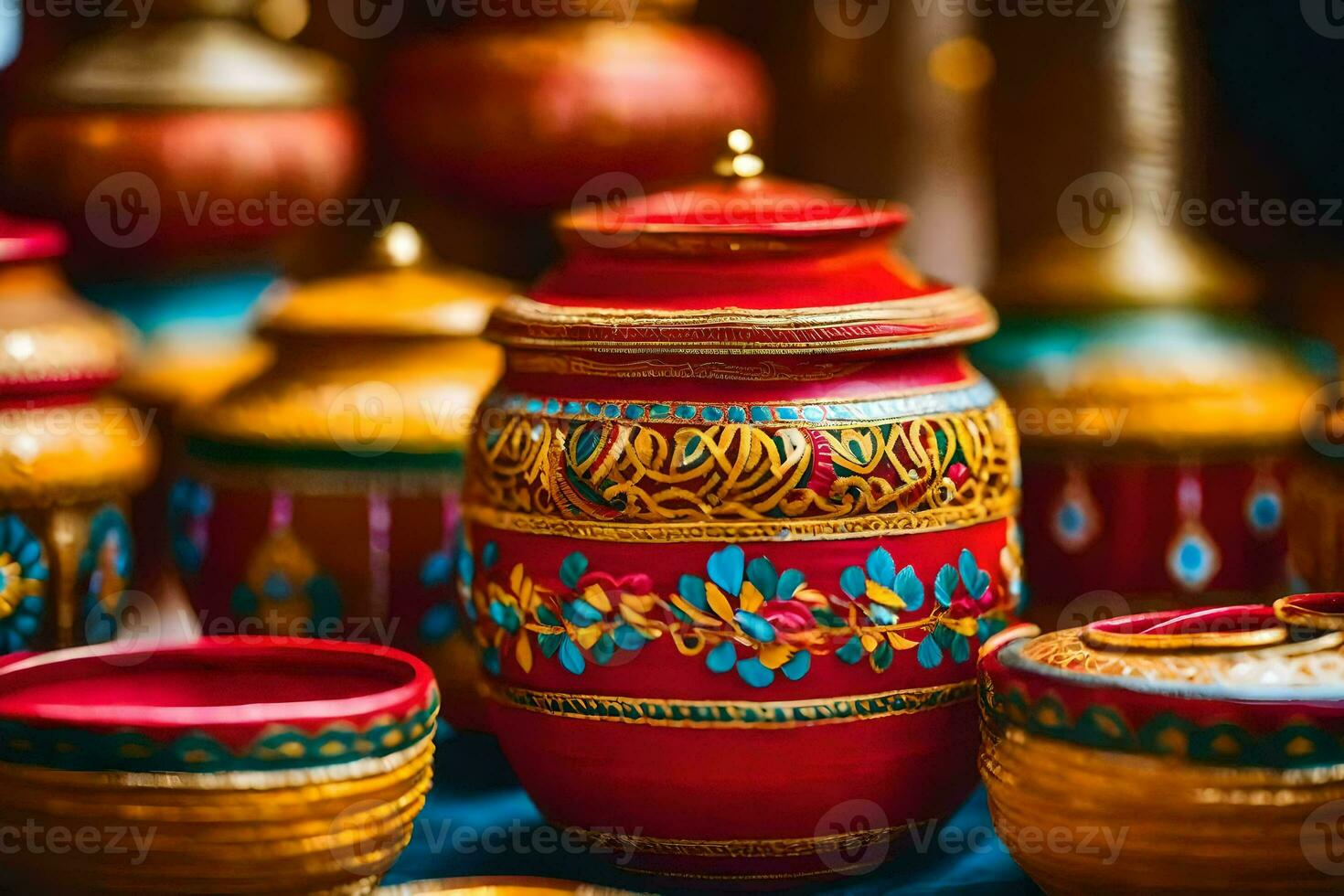 colorful pots and vases are displayed on a table. AI-Generated photo