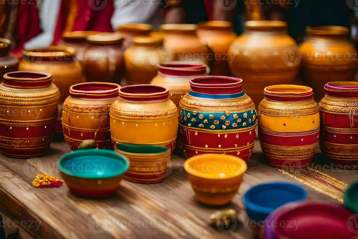 colorful pots and bowls on a table. AI-Generated photo