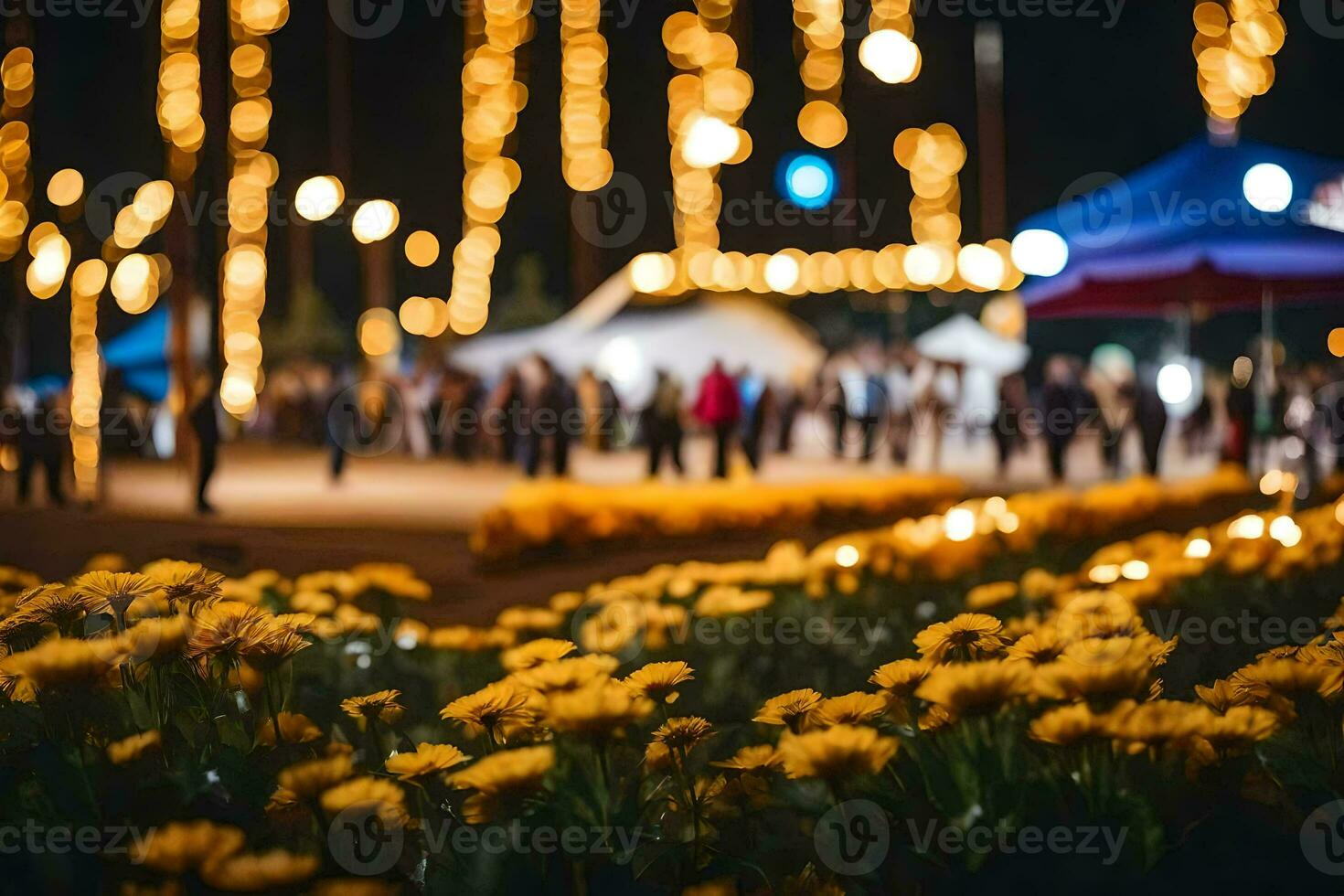 yellow flowers in the foreground at night. AI-Generated photo