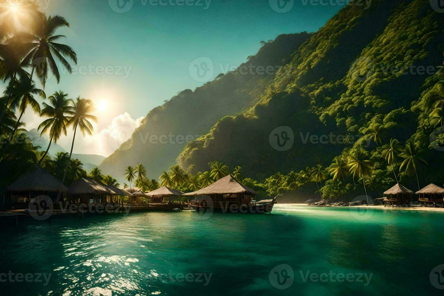 tropical island with huts and palm trees. AI-Generated photo