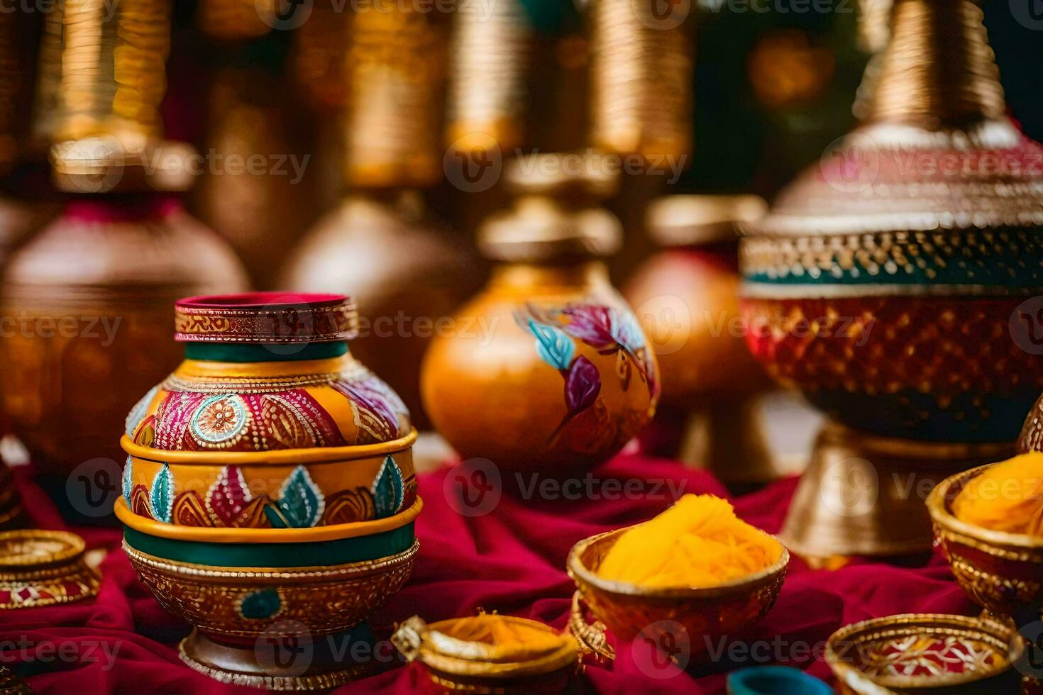 indian wedding decor with colorful pots and bowls. AI-Generated photo