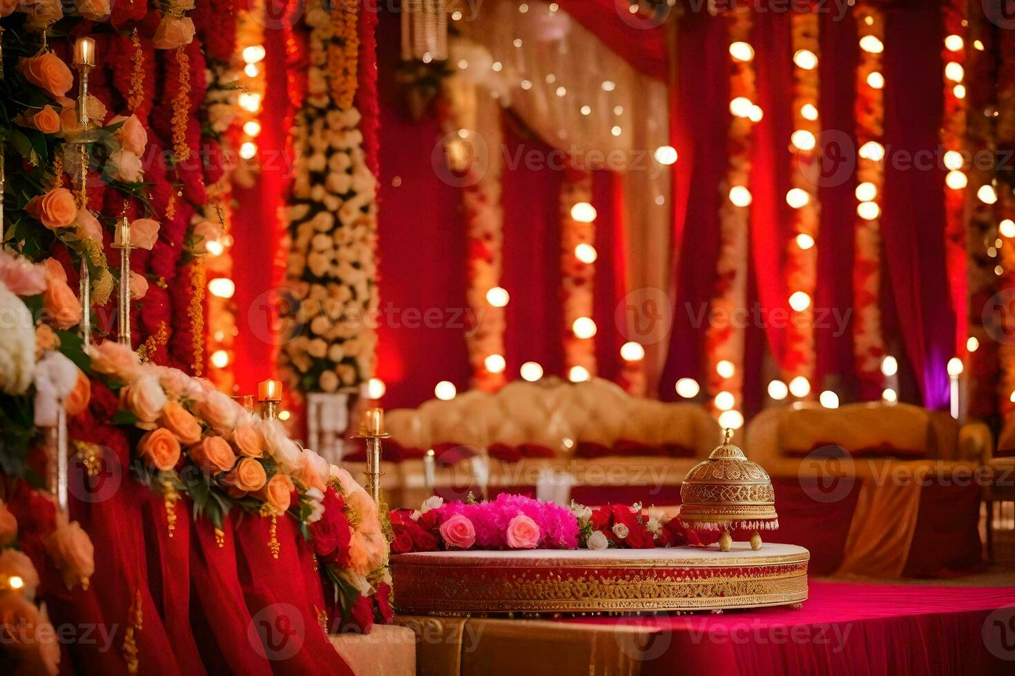 a wedding stage decorated with red and gold flowers. AI-Generated photo