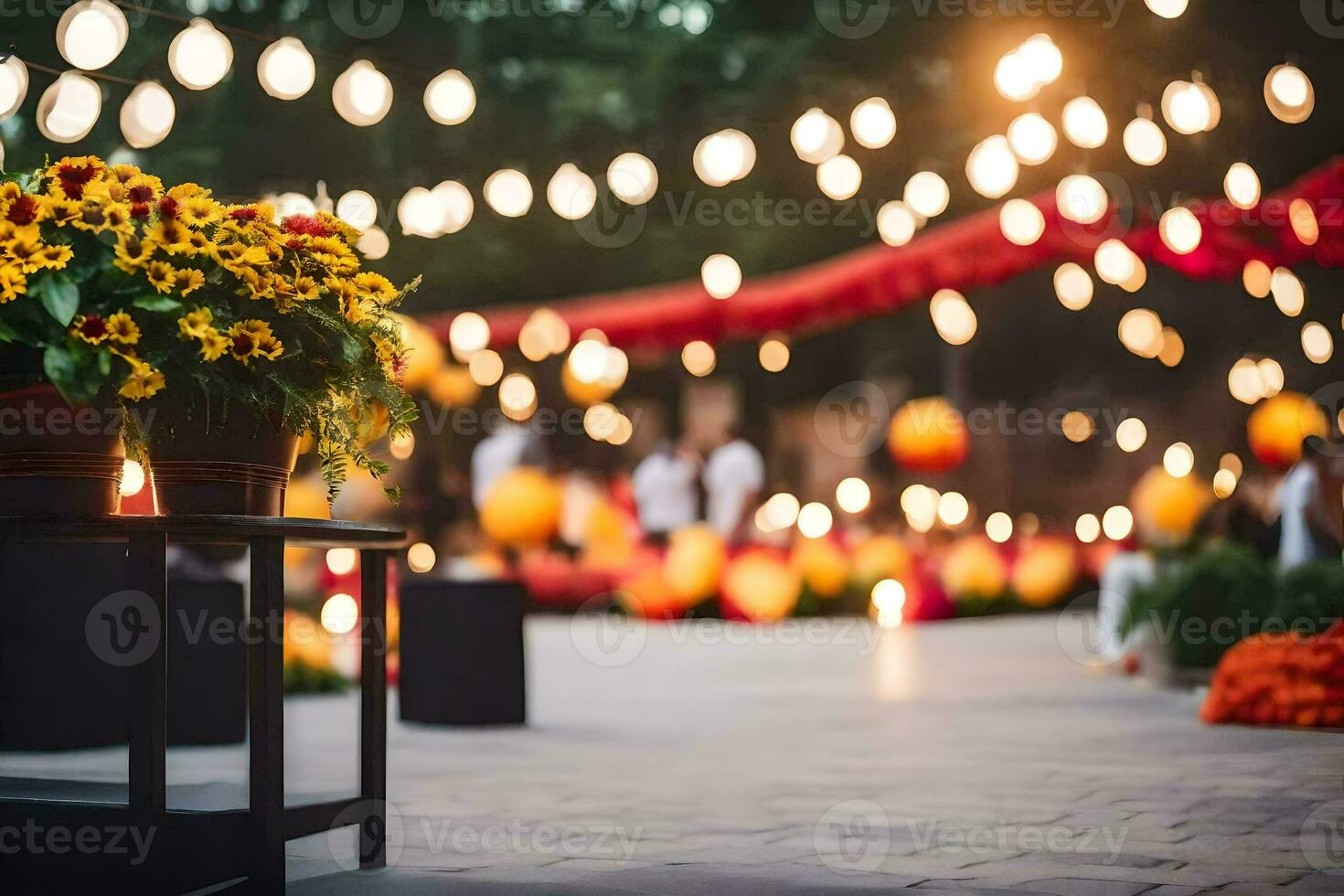 a table with flowers and candles in front of a tent. AI-Generated photo