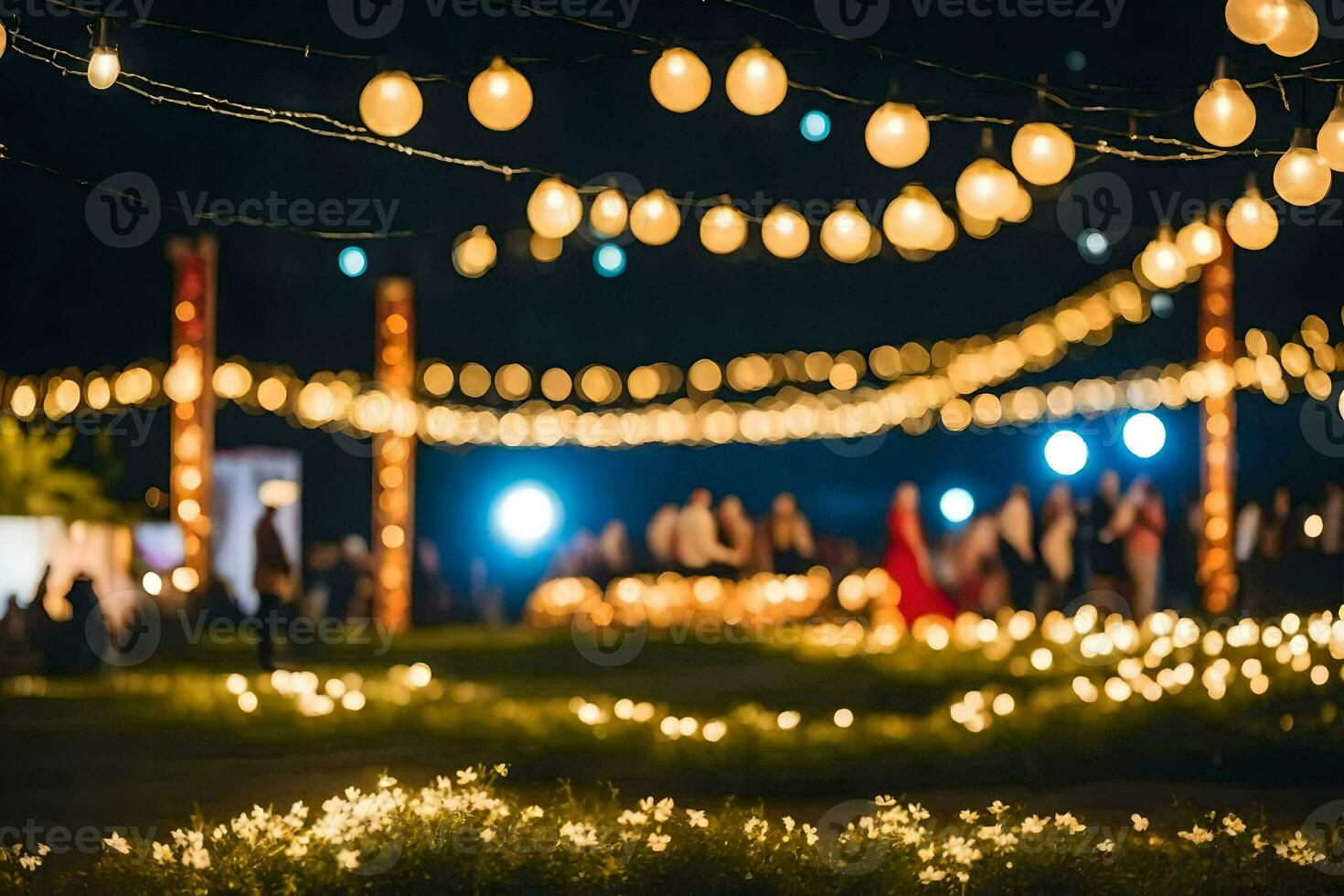 a wedding reception with lights strung over the grass. AI-Generated photo