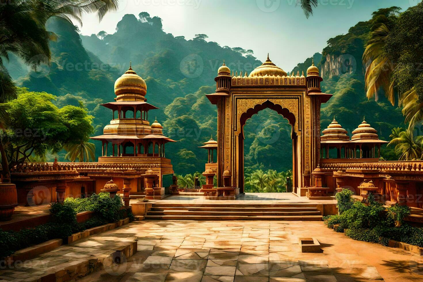the entrance to a temple in the jungle. AI-Generated photo