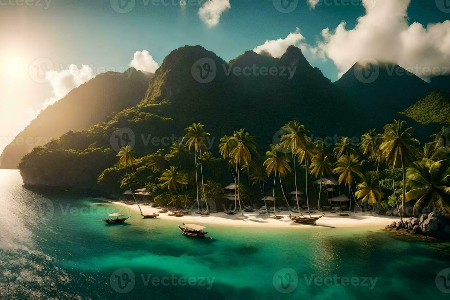 a tropical island with palm trees and boats. AI-Generated photo