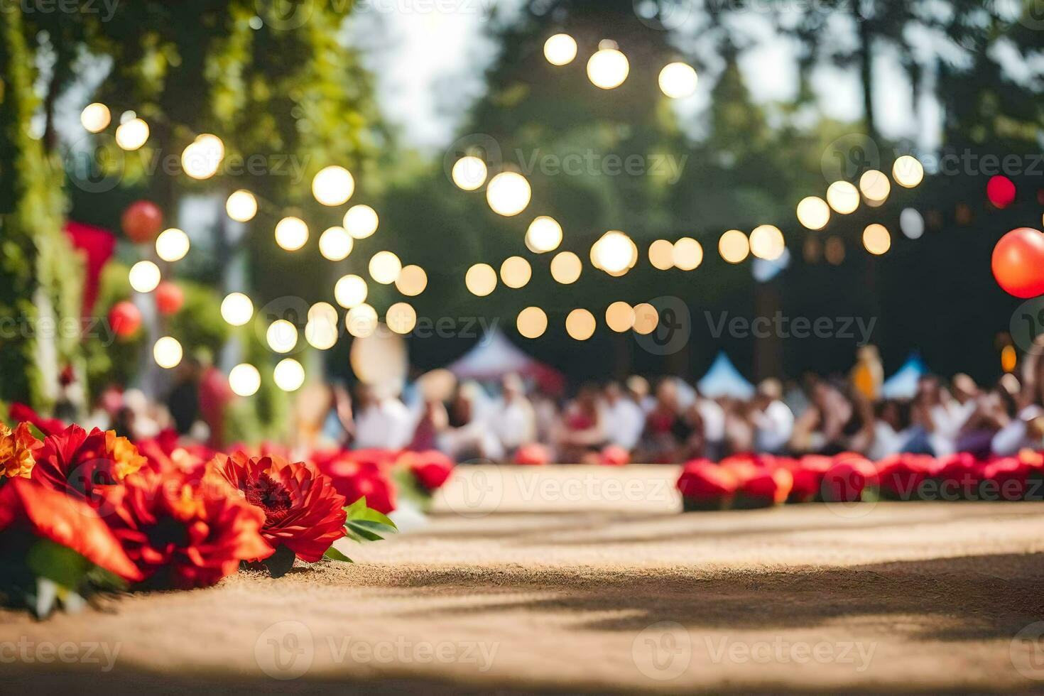 un Boda ceremonia con rojo flores y luces. generado por ai foto