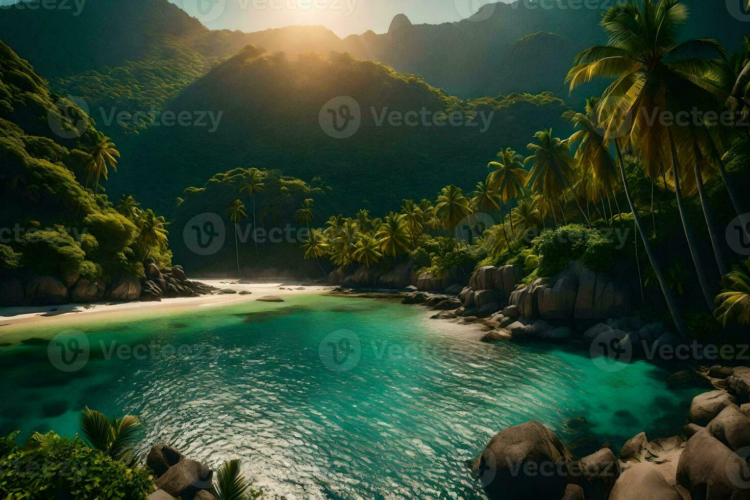 the sun shines over a tropical beach and palm trees. AI-Generated photo