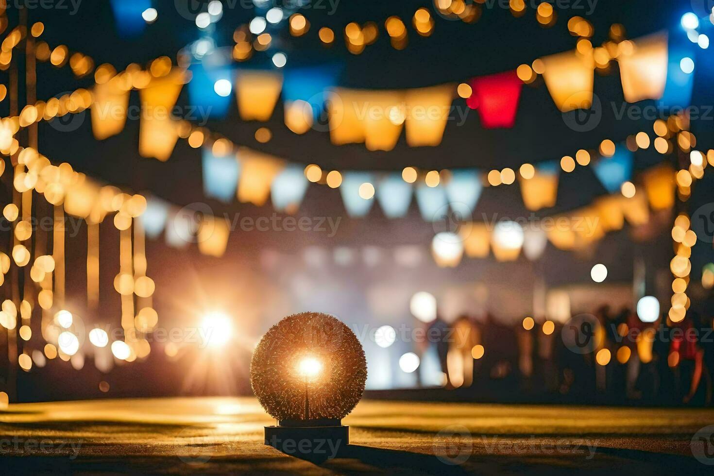 a lighted ball sits on the ground in front of a crowd. AI-Generated photo