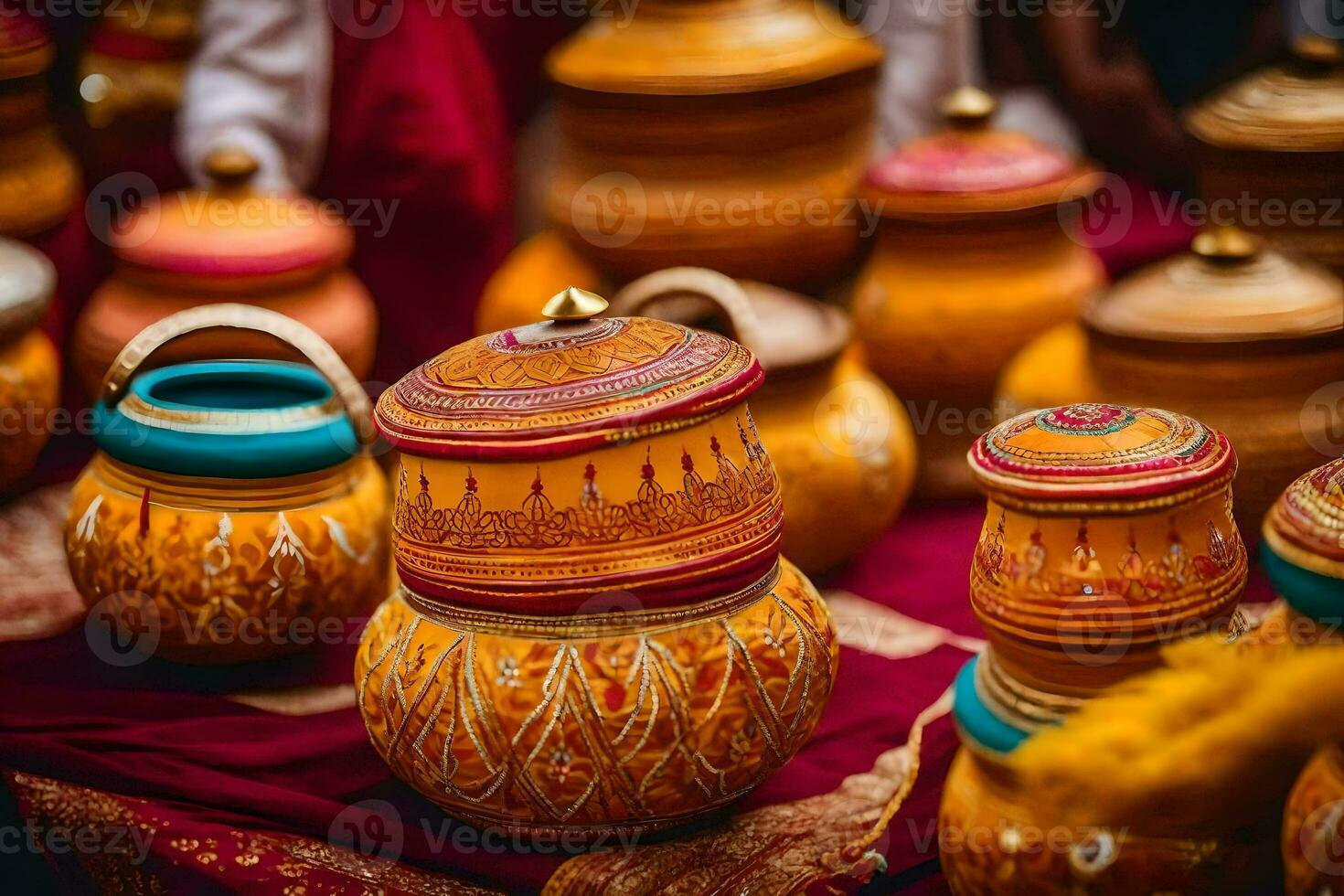 many colorful pots are on display in a room. AI-Generated photo