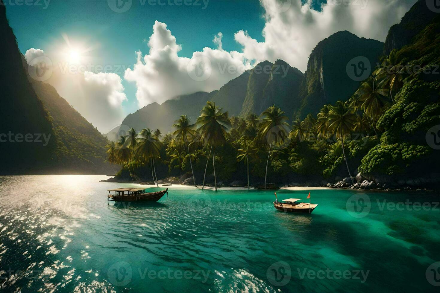 two boats in the ocean near a mountain range. AI-Generated photo