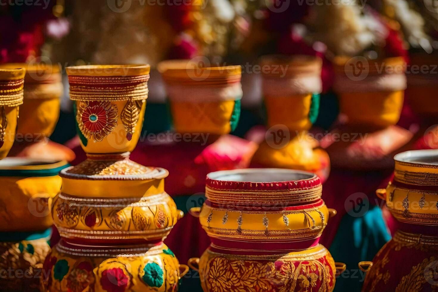 many colorful vases are lined up on a table. AI-Generated photo