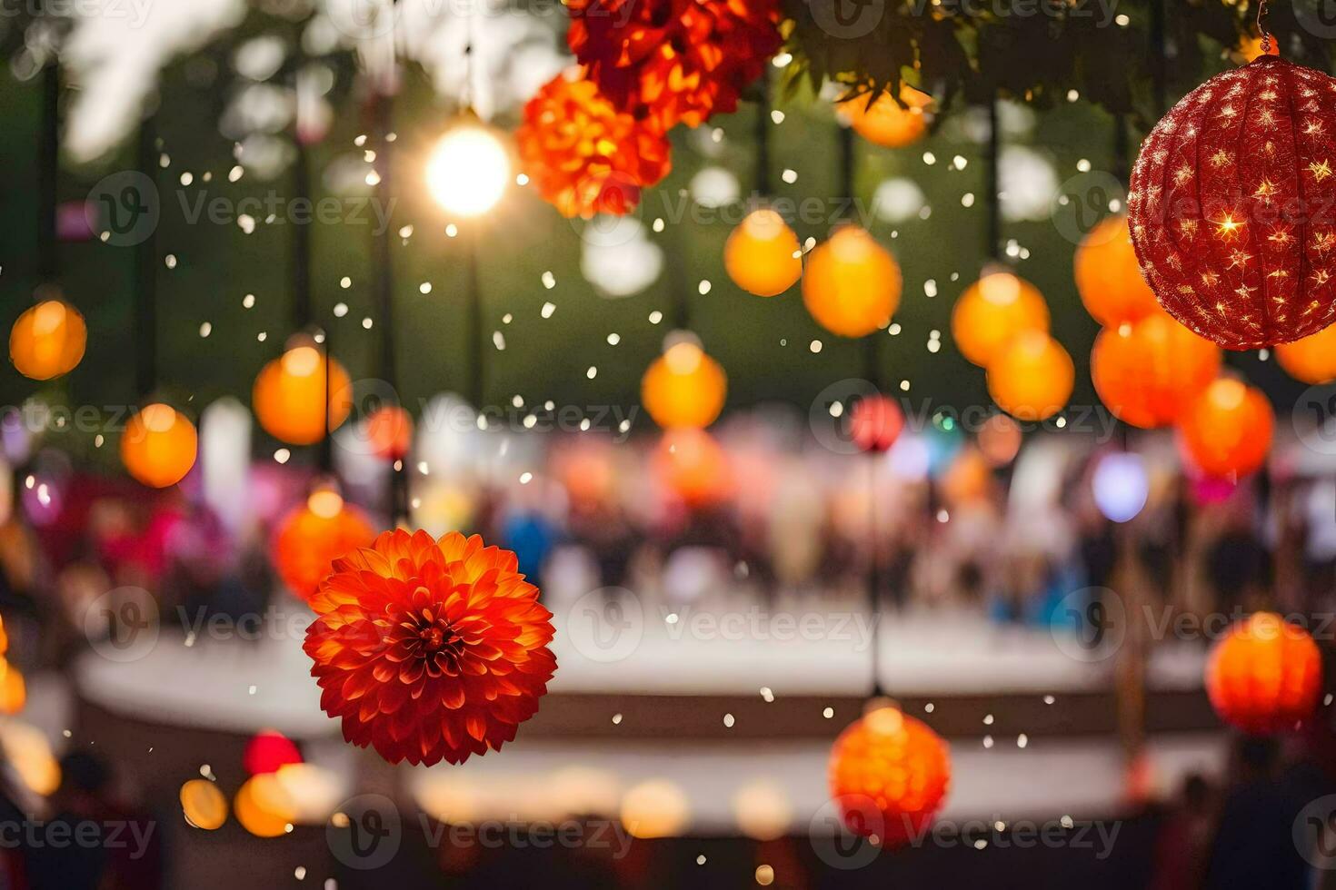 many colorful paper lanterns hanging from the trees. AI-Generated photo