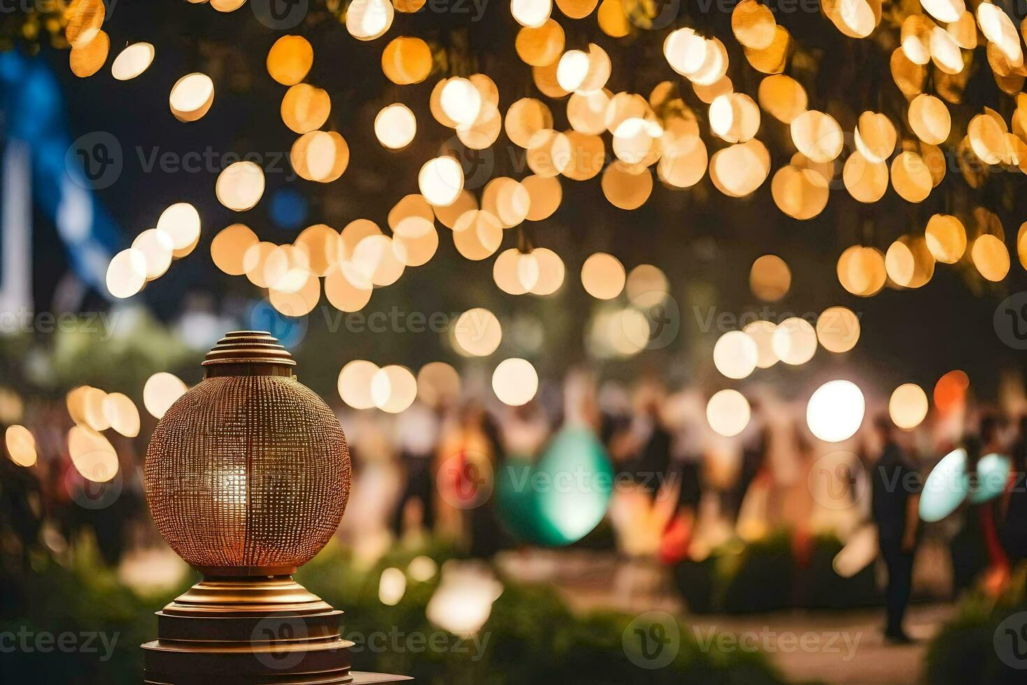 a wooden lamp with lights on it in the middle of a park. AI-Generated photo