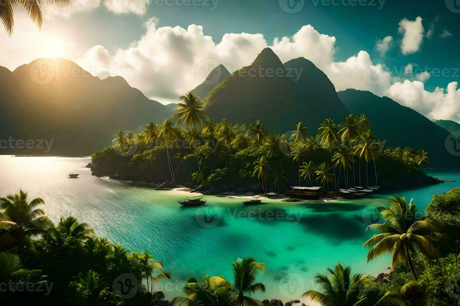 the sun shines over a tropical island with palm trees. AI-Generated photo