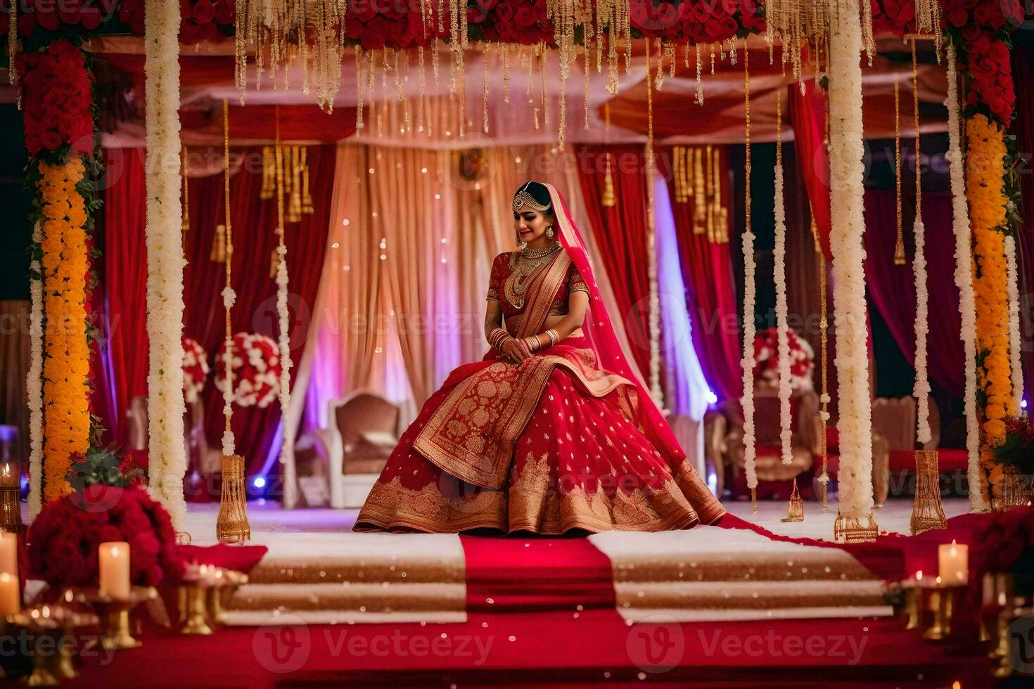 un hermosa novia en rojo y oro a su boda. generado por ai foto