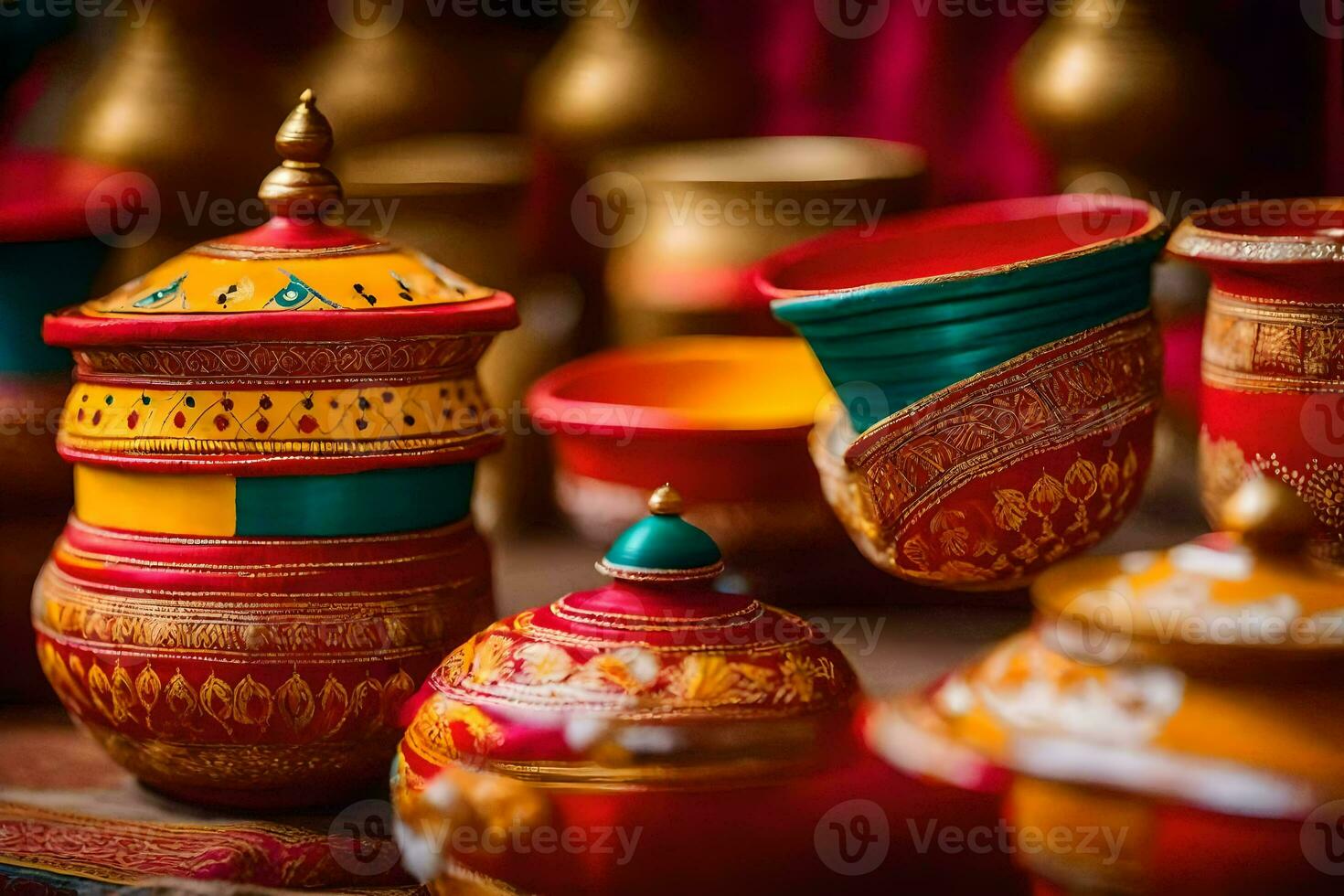 colorful pots and bowls are displayed on a table. AI-Generated photo