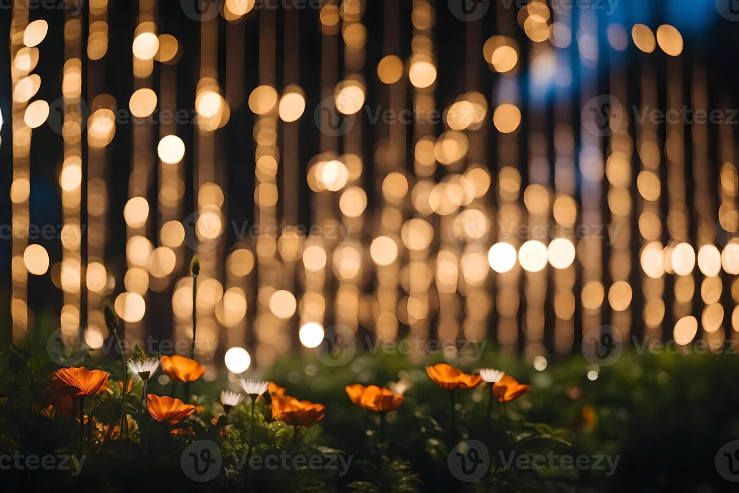 a field of flowers with lights behind them. AI-Generated photo