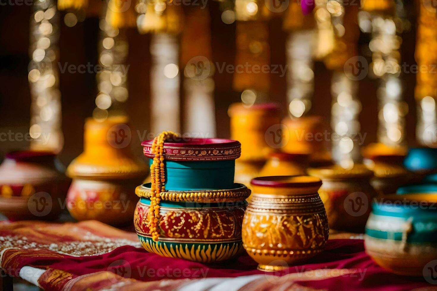 colorful pots and vases on a table with gold and red decorations. AI-Generated photo