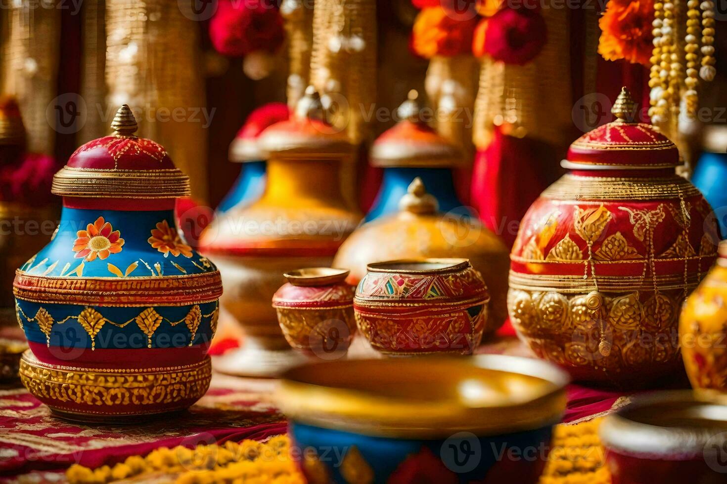 colorful pots and vases are arranged on a table. AI-Generated photo