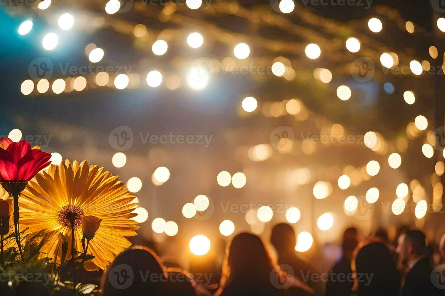 personas son en pie en frente de un flor a noche. generado por ai foto