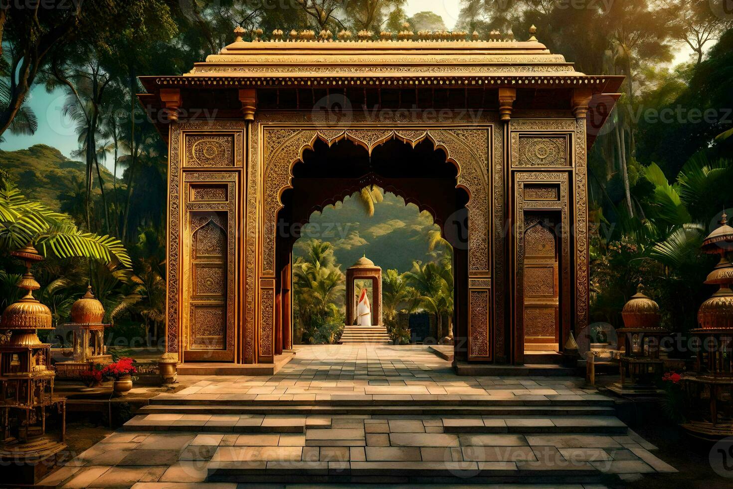an ornate entrance to a temple in the jungle. AI-Generated photo