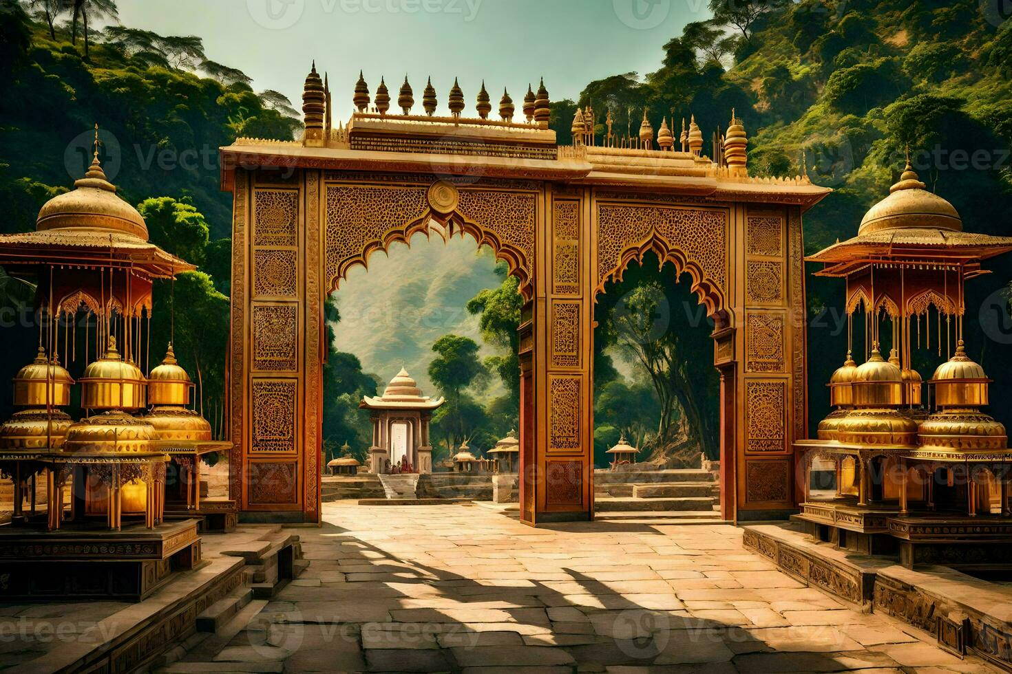 the golden gate of the temple in the middle of the forest. AI-Generated photo