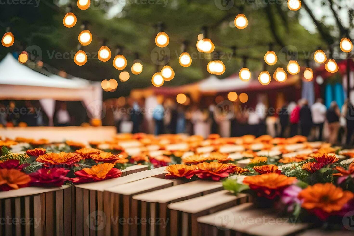 flowers and lights in a tent at a wedding. AI-Generated photo