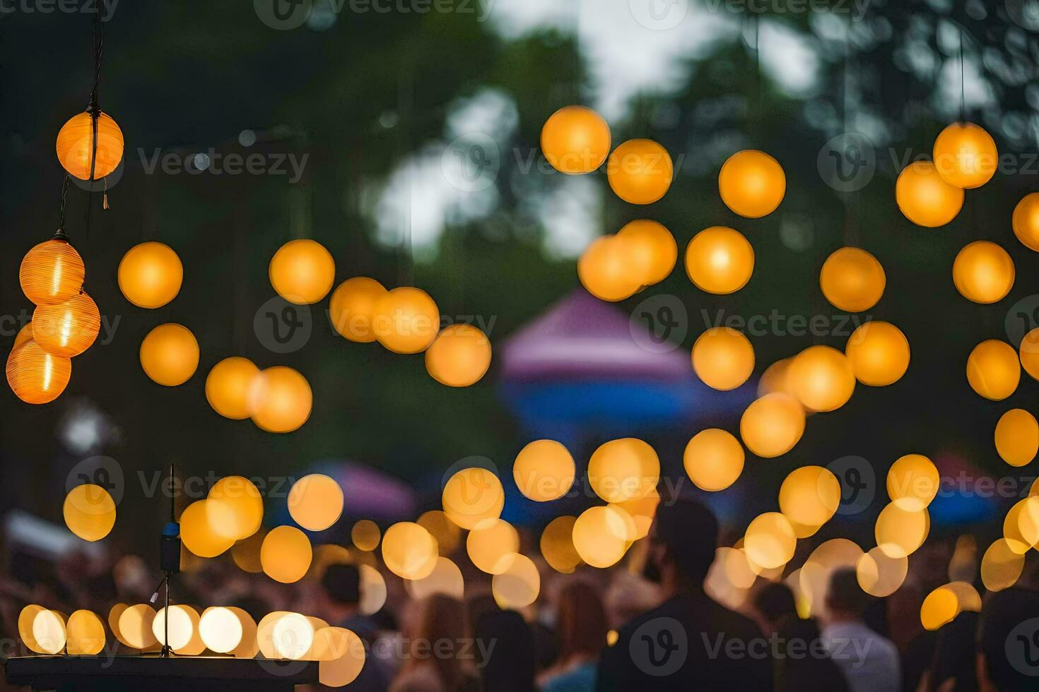 a crowd of people at an outdoor event with lights. AI-Generated photo