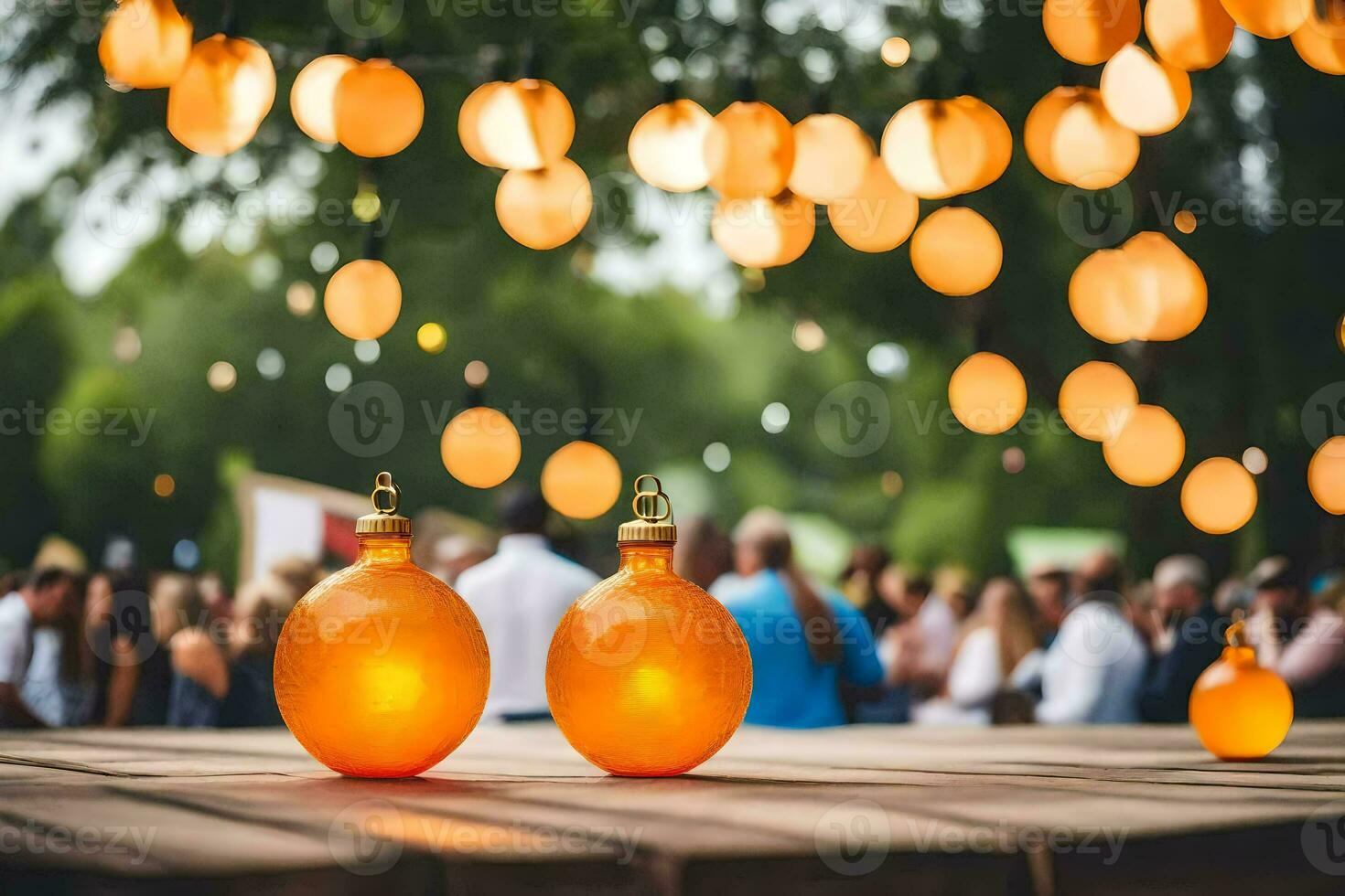 orange lights on a wooden table with people in the background. AI-Generated photo