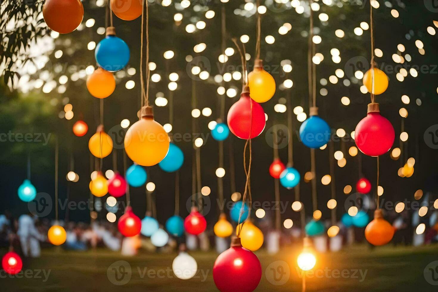 colorful lights hanging from trees in the park. AI-Generated photo
