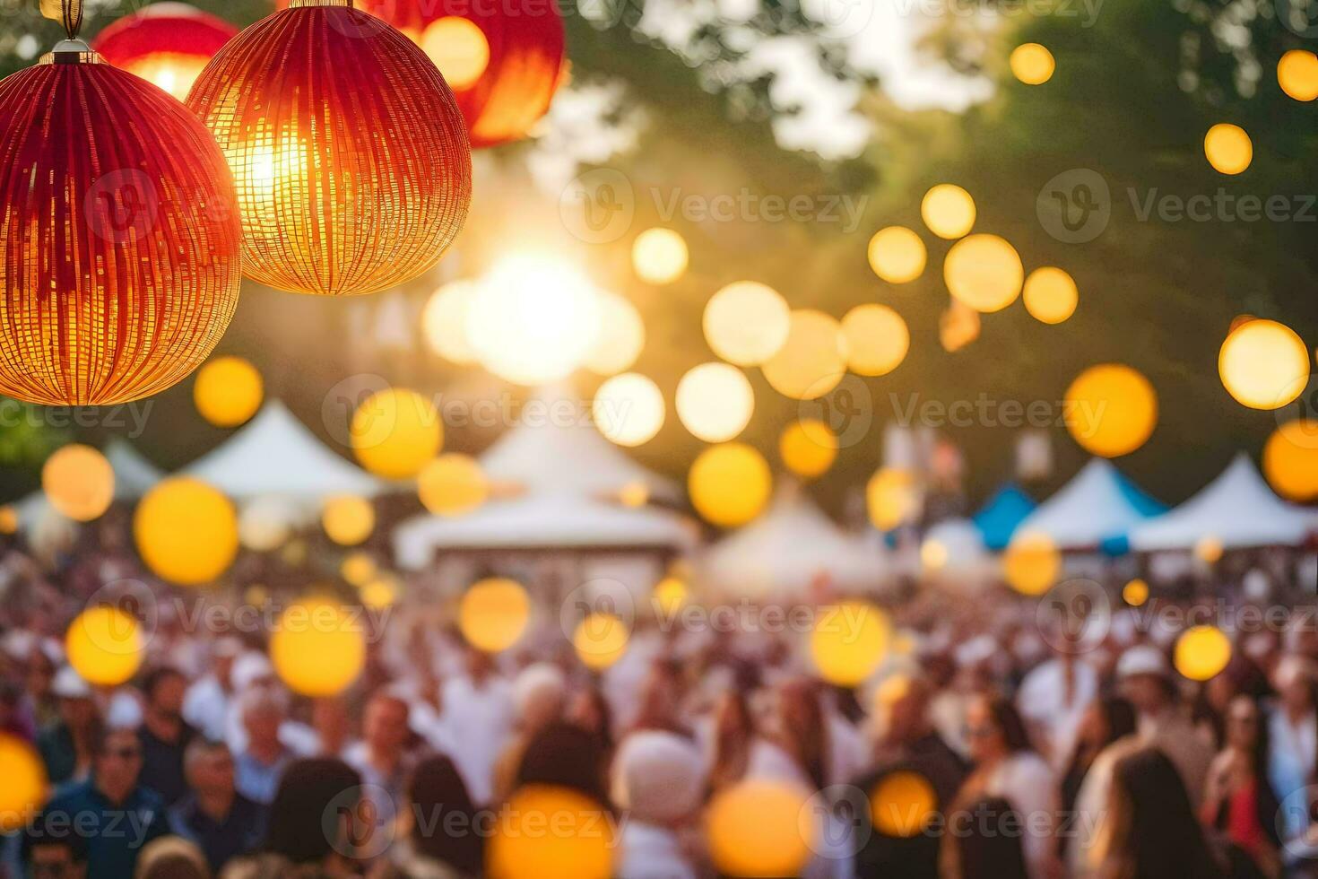 many people are gathered at an outdoor event with red lanterns. AI-Generated photo