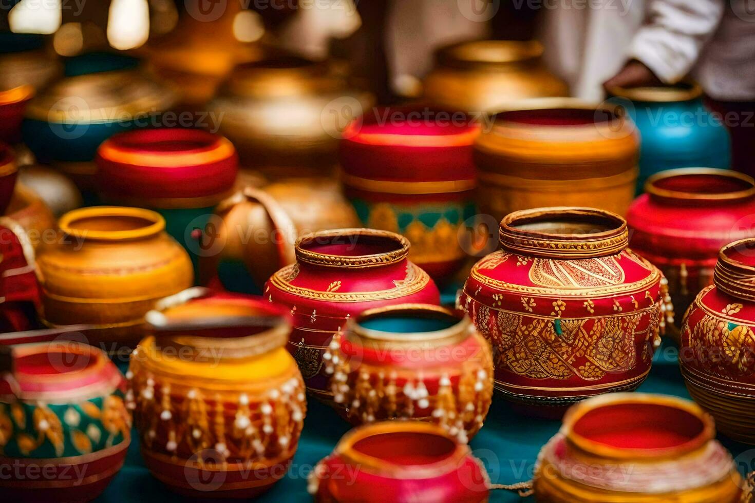 colorful pots and vases are displayed on a table. AI-Generated photo