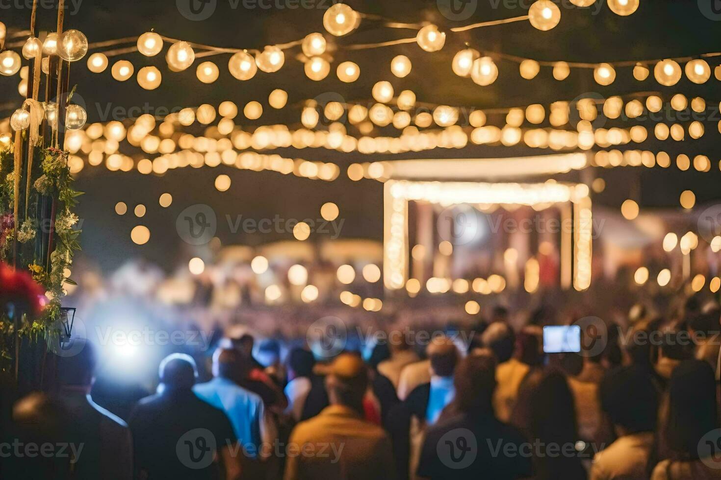 a crowd of people at a party with lights. AI-Generated photo