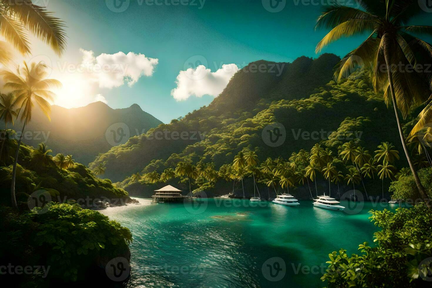tropical island with palm trees and boats in the water. AI-Generated photo