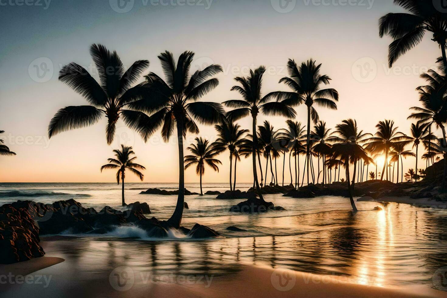 the sun sets over the ocean and palm trees. AI-Generated photo