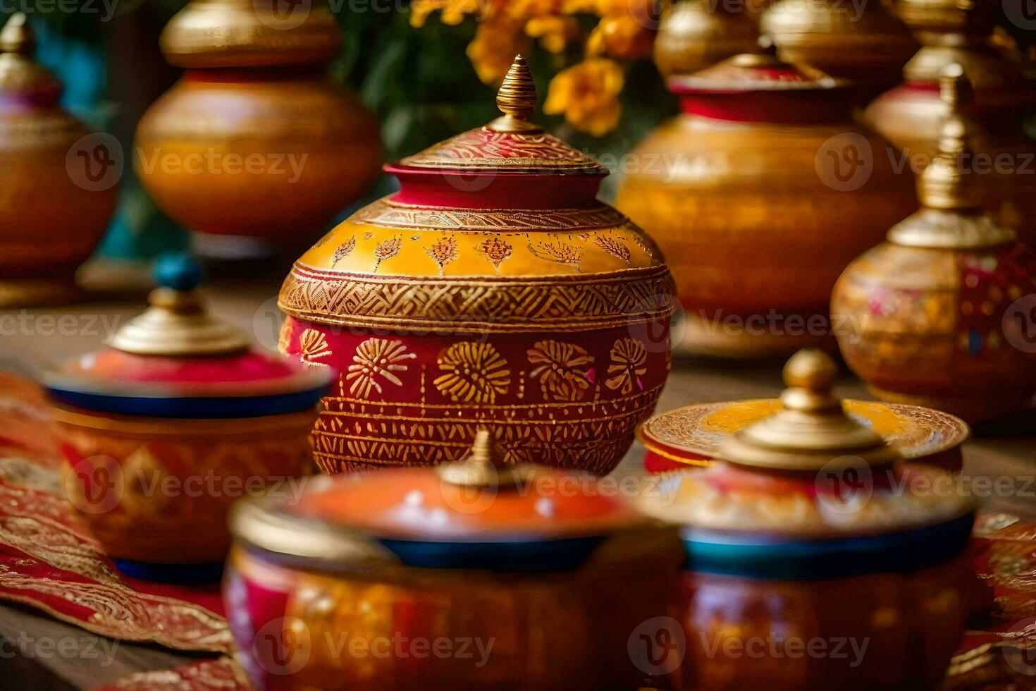 many colorful pots and vases are on a table. AI-Generated photo