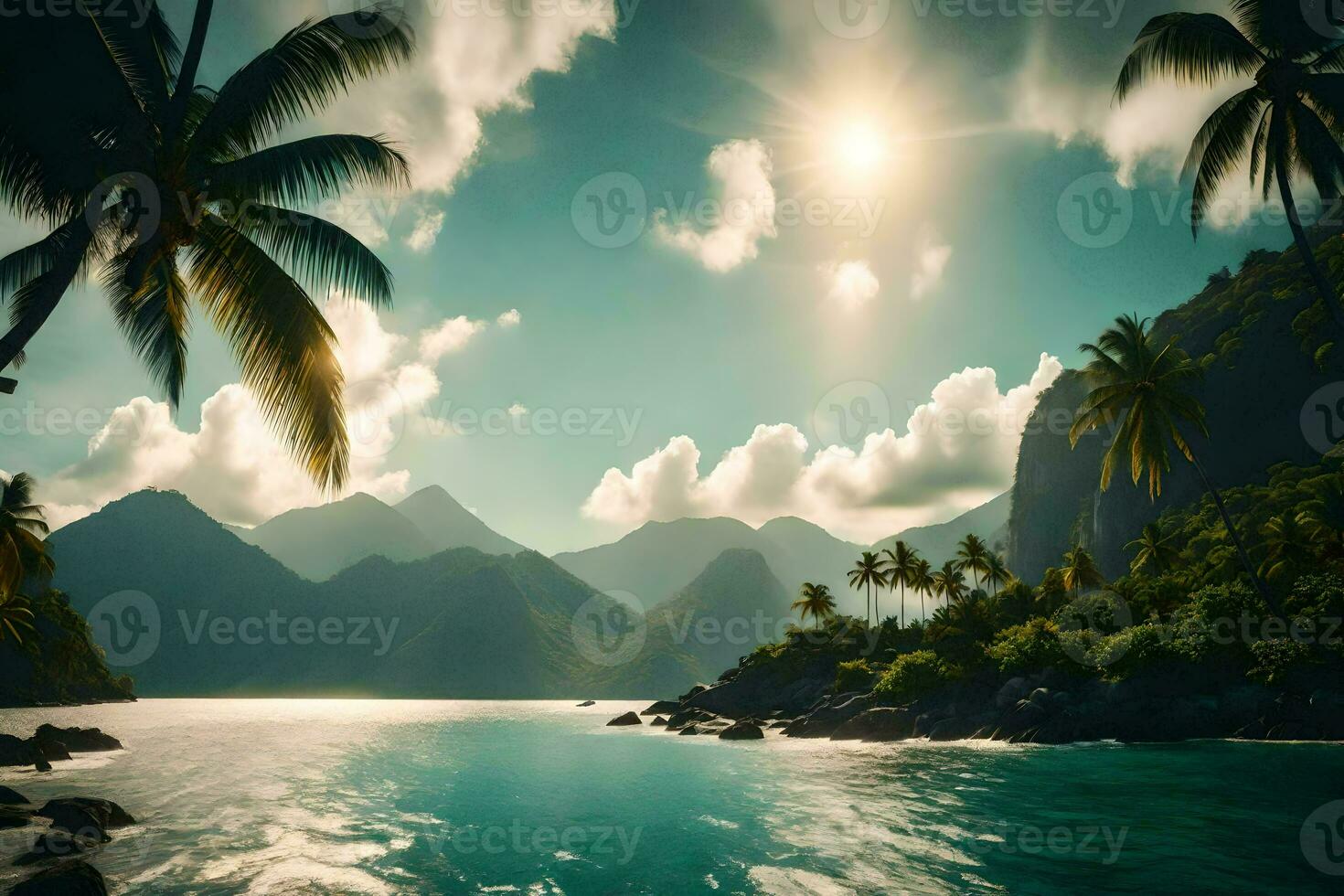 photo wallpaper the sky, mountains, water, palm trees, sun, mountains, water, beach. AI-Generated