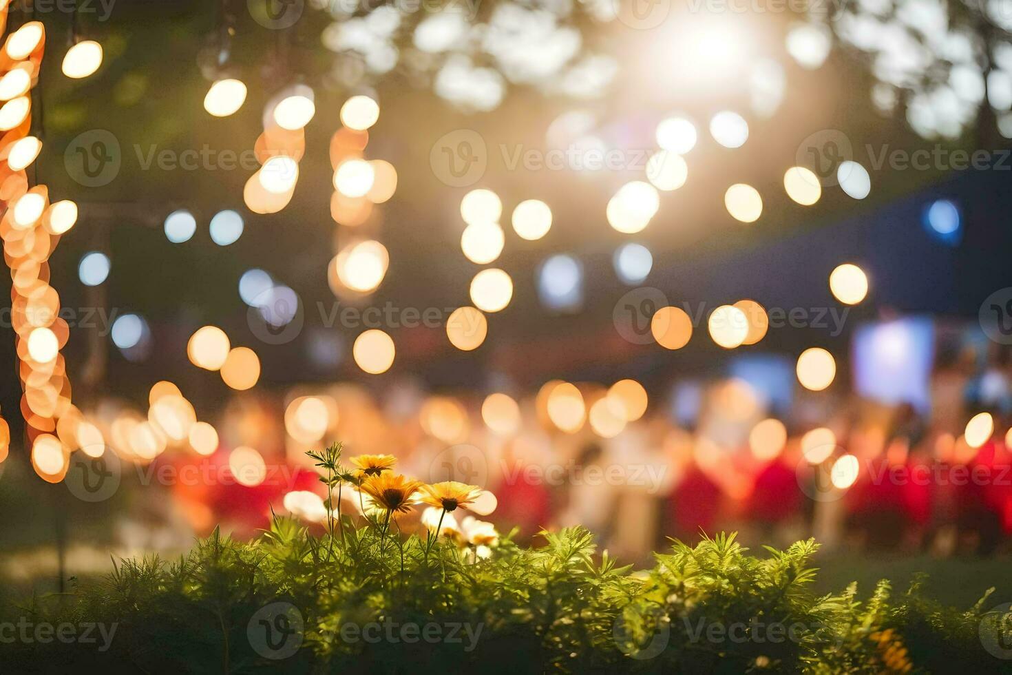 a blurred image of a flower garden with lights. AI-Generated photo