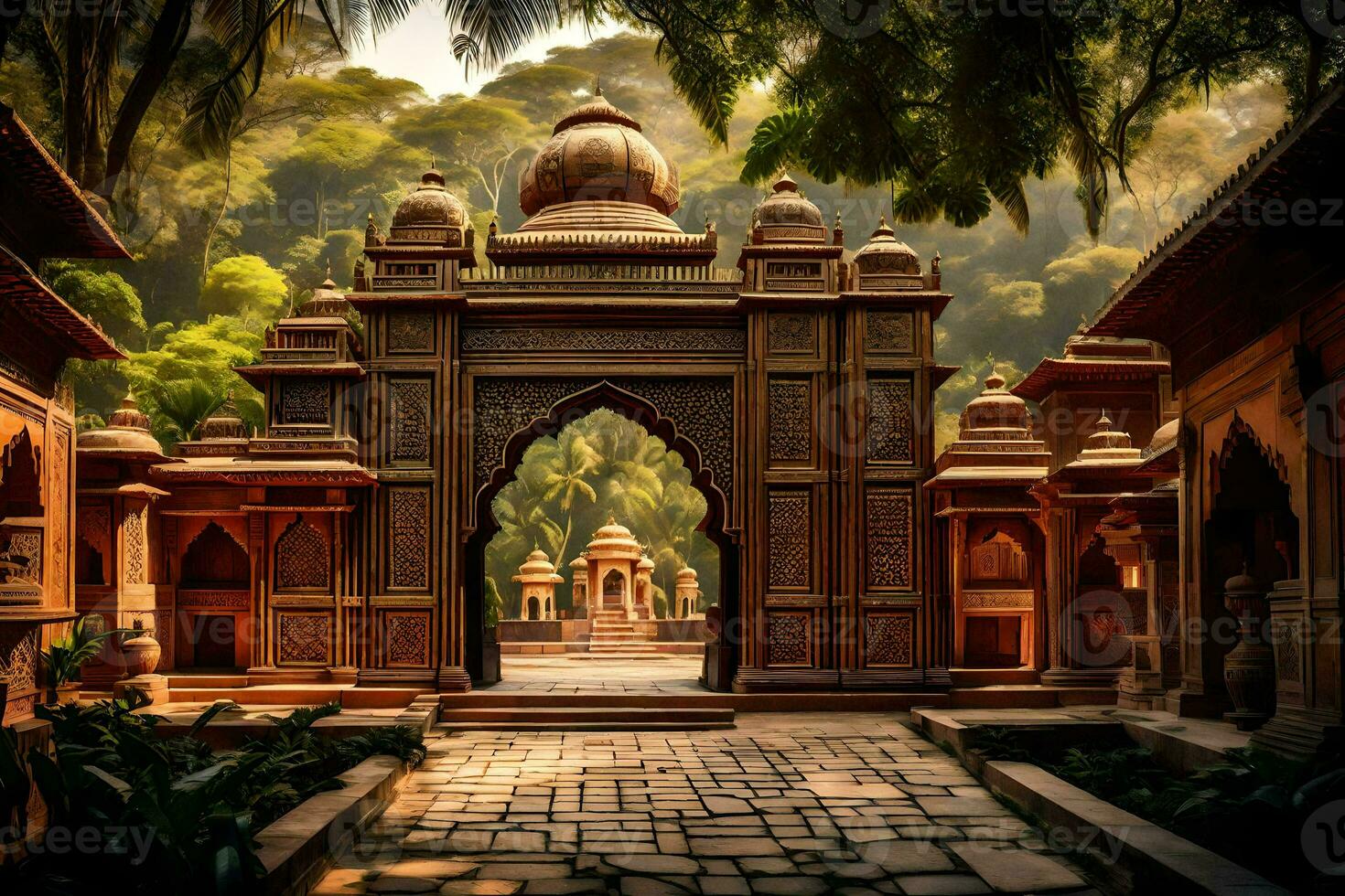 the entrance to a temple in the middle of a forest. AI-Generated photo