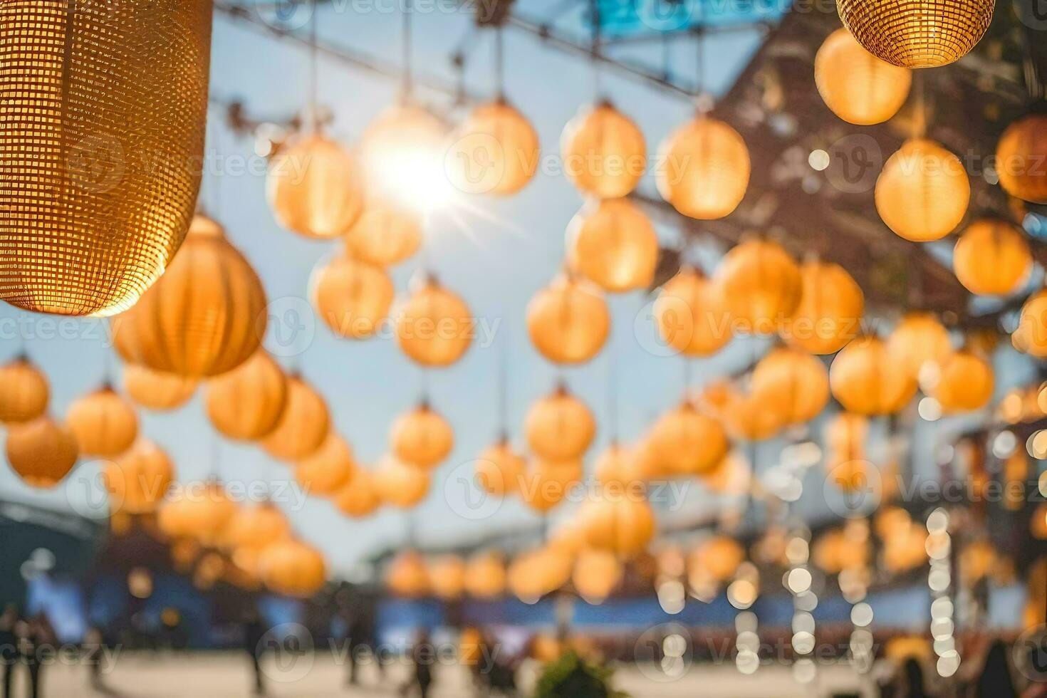 many yellow paper lanterns hanging in the air. AI-Generated photo